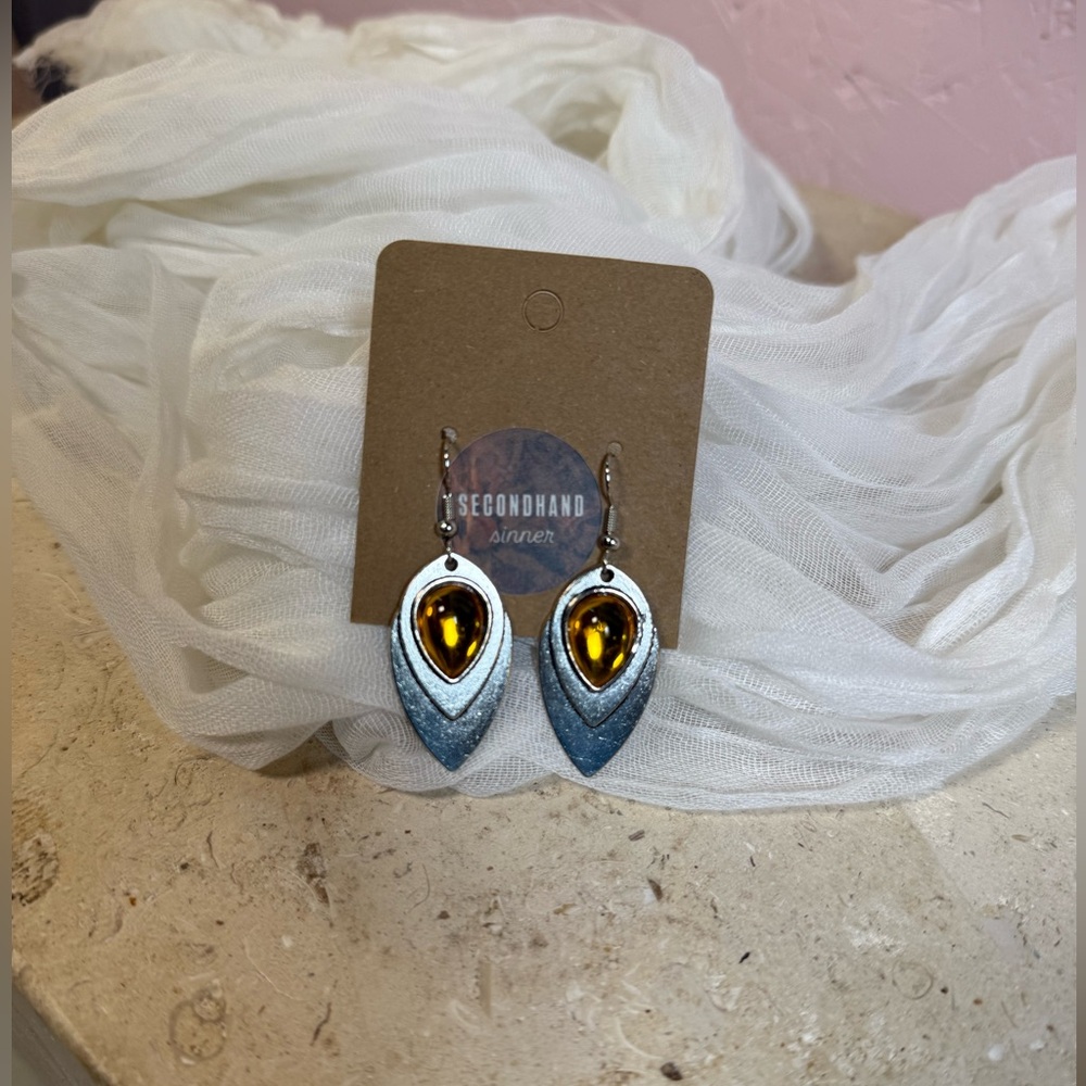 silver amber drop earrings boho earthy statement vintage style